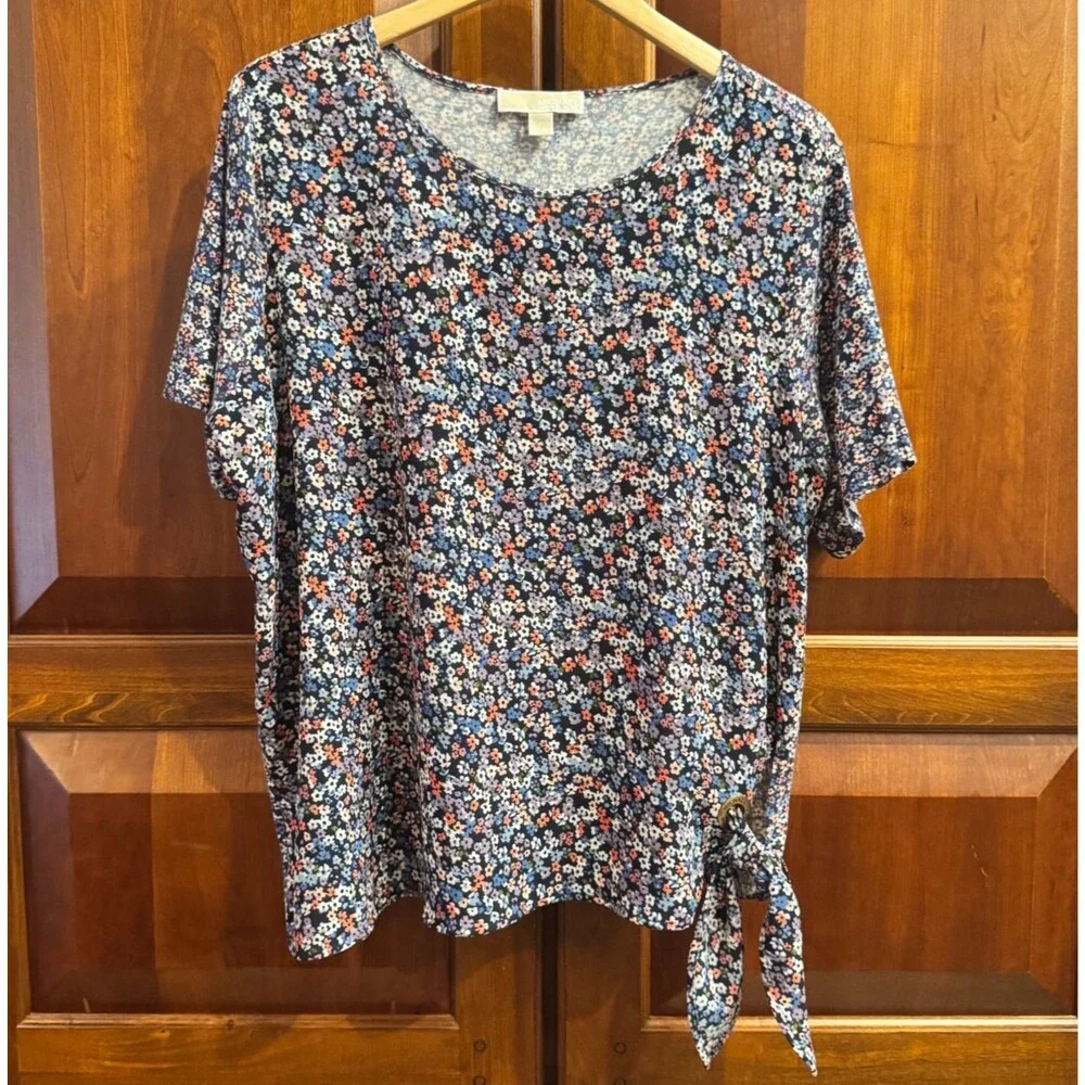 Michael Kors Navy Floral Side Tie Top Cotton Modal Plus Size 2X